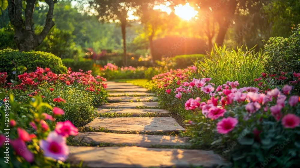 Fototapeta premium A Stunning Garden Pathway with Vibrant Flowers