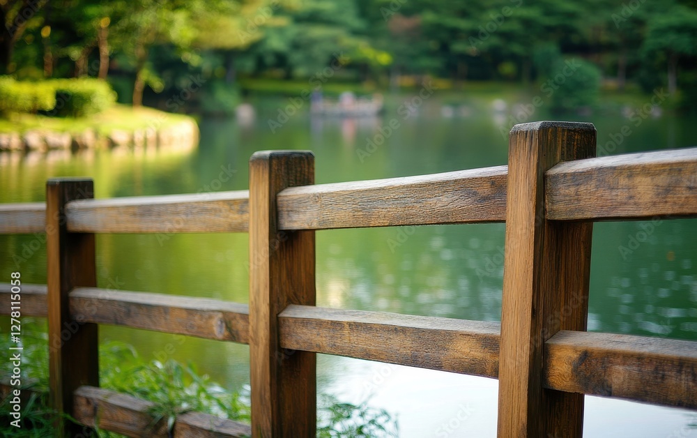 Scenic wooden guardrail overlooking a serene lake, enhancing the natural beauty of the landscape.