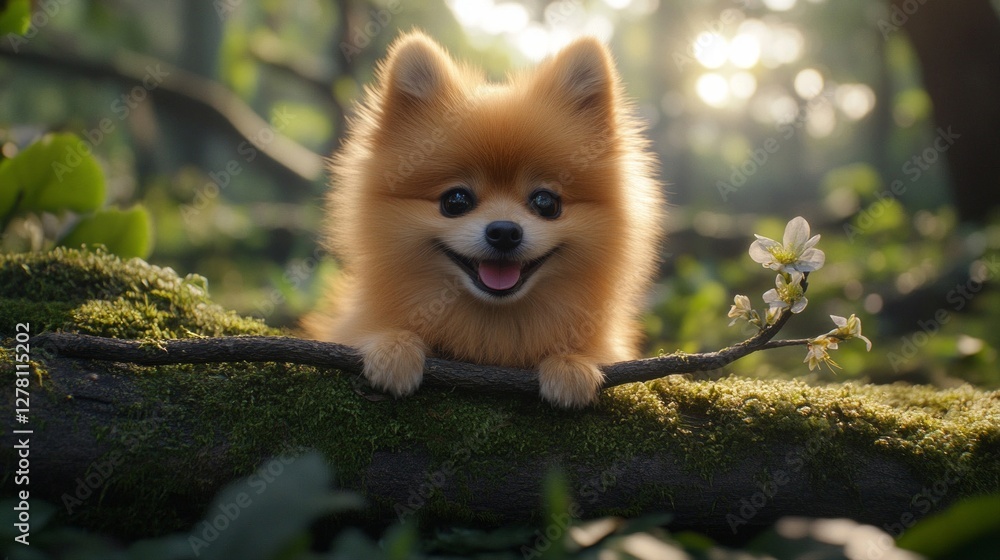 Obraz premium Adorable Pomeranian Puppy in Spring Forest
