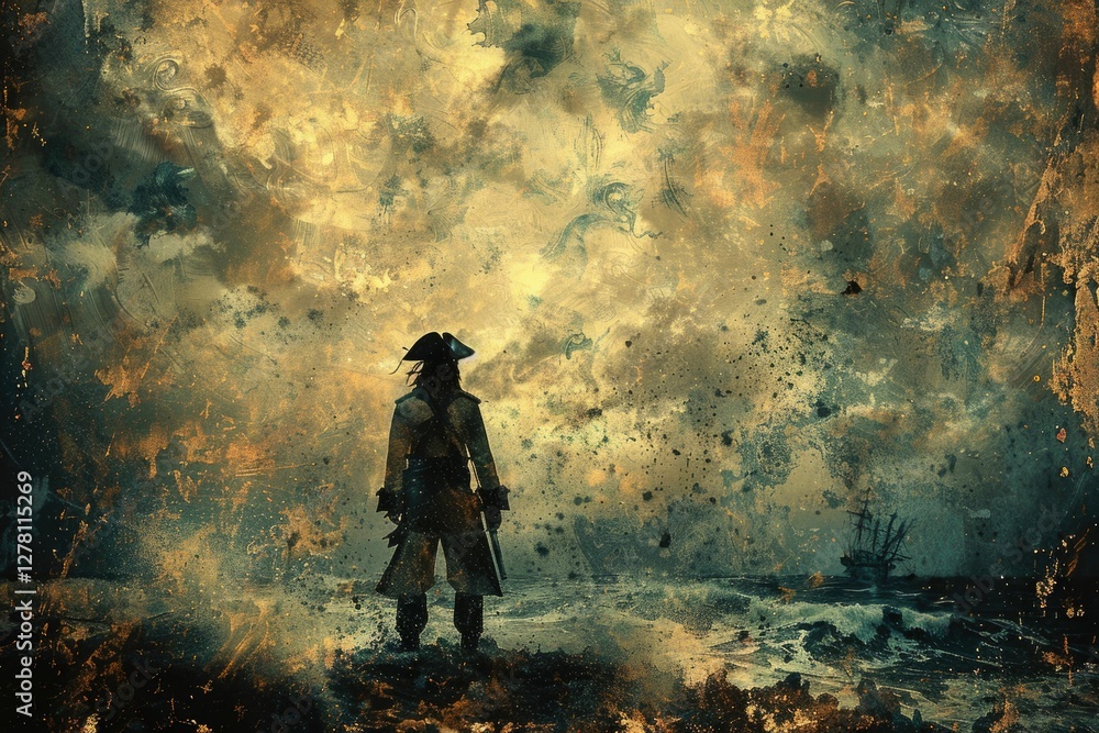 Naklejka premium A lone pirate captain silhouetted against a stormy sea, gazing at a distant ship, evokes mystery and adventure.