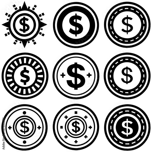 Set of Dollar Coin Icons – Black and White Vector Illustration