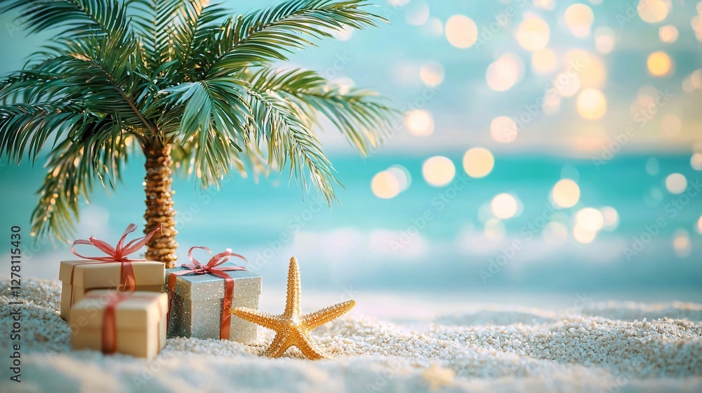 Obraz premium Festive tropical beach scene for summer holiday promotions and greetings. Features palm tree, gifts, starfish on white sand with ocean backdrop. Ideal for vacation, travel themes.