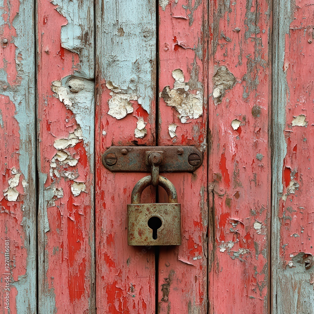 Weathered barn door with a rusty old padlock, textured wood, and peeling paint Weathered barn door with a rusty old padlock, textured wood, and peeling paint