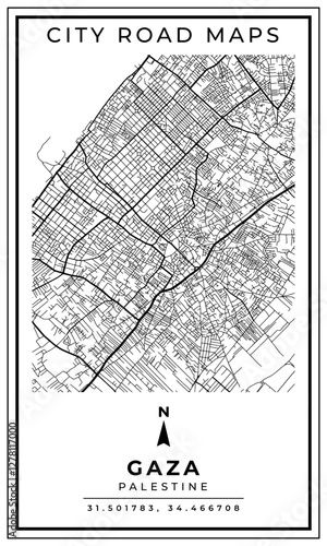Black and white printable road map of Gaza city Palestine banner poster design with coordinate position location, vector illustration