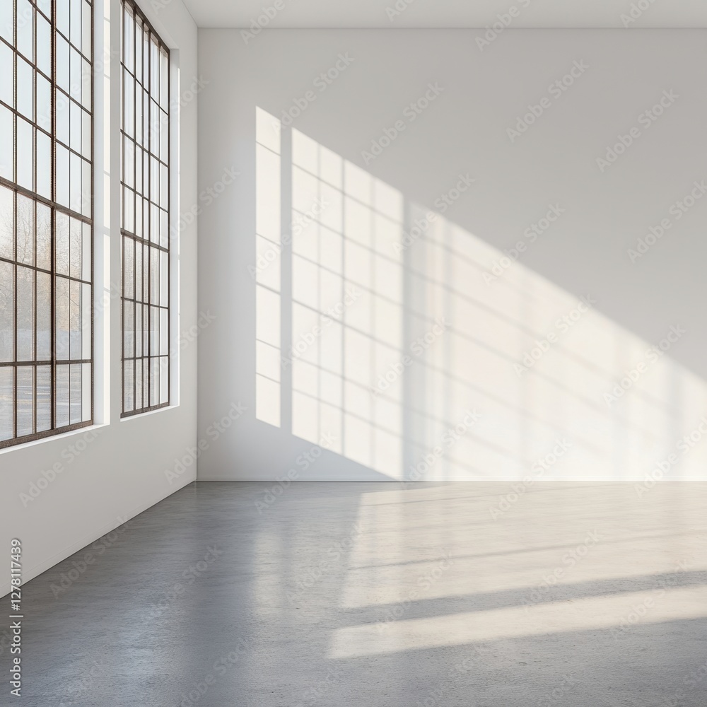 Spacious minimalist room with industrial windows casting geometric shadows on the white wall and concrete floor