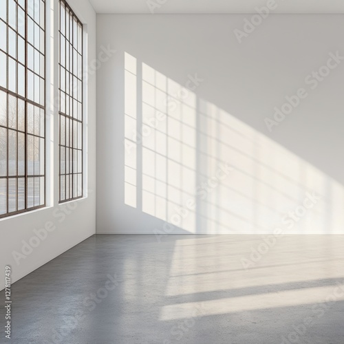 Spacious minimalist room with industrial windows casting geometric shadows on the white wall and concrete floor