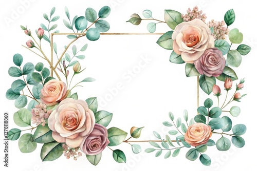 Elegant Watercolor Floral Frame with Roses and Greenery for Wedding Invitations or Announcements