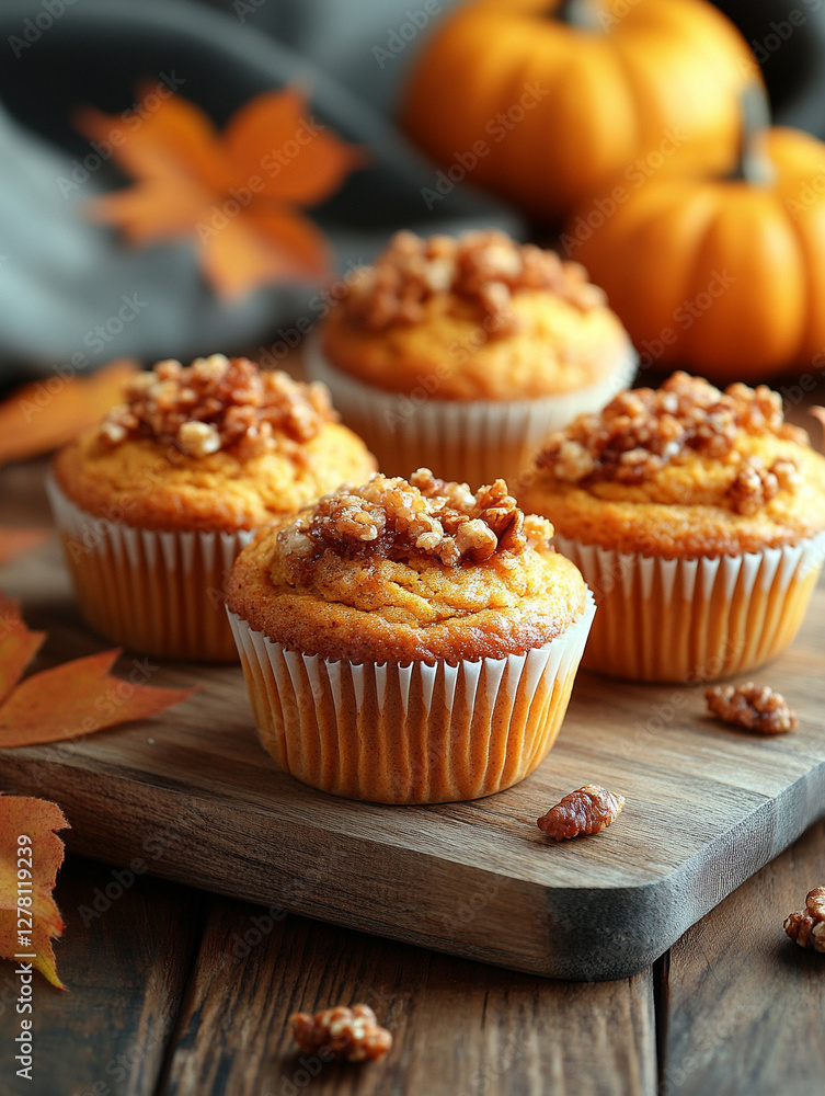 Delicious pumpkin muffins with nuts on a wooden table Delicious pumpkin muffins with nuts on a wooden table