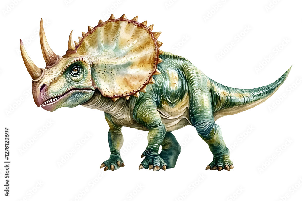 Obraz premium Realistic dinosaur. triceratops dinosaur watercolor hand painted prehistoric illustration isolated on white background