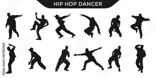 Silhouettes of hip hop dancers in various dynamic poses