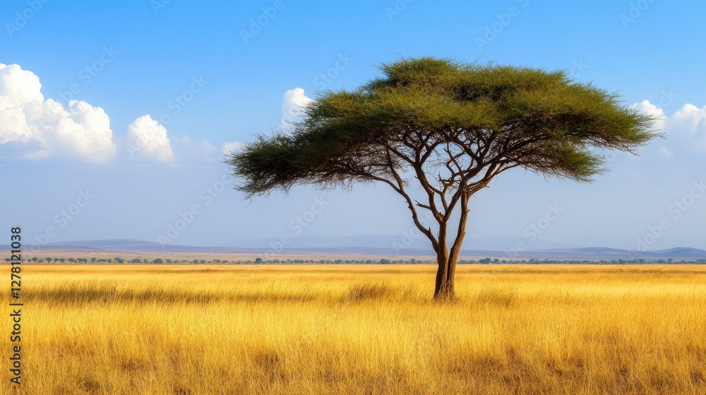 A single, gnarled tree standing tall in the middle of an endless field of dry savannah grass. A single, gnarled tree standing tall in the middle of an endless field of dry savannah grass.