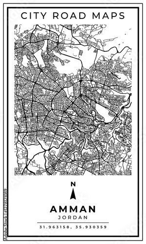 Black and white printable road map of Amman city Jordan banner poster design with coordinate position location, vector illustration