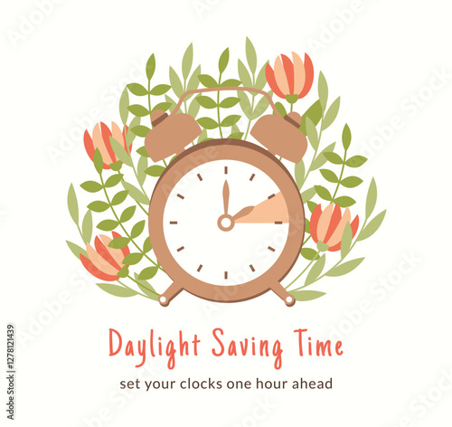 Daylight Saving Time poster template with flowers. Flat style spring forward concept. Minimalist card with alarm-clock and leaves. Clocks go forward one hour. Summertime web