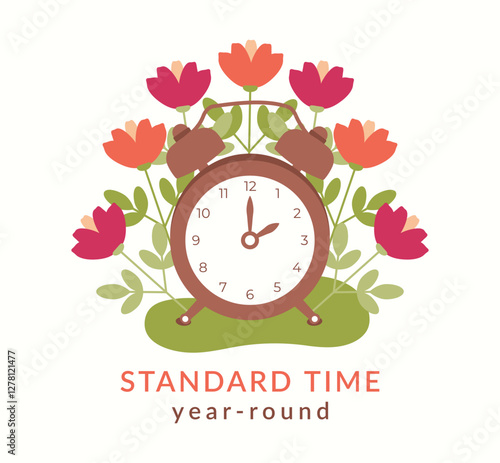 Standard time year-round poster template with alarm-clock flowers and leaves. End on Spring Forward Fall back. Cancel of DST. Abolition of Daylight saving time. Don't change your clock.