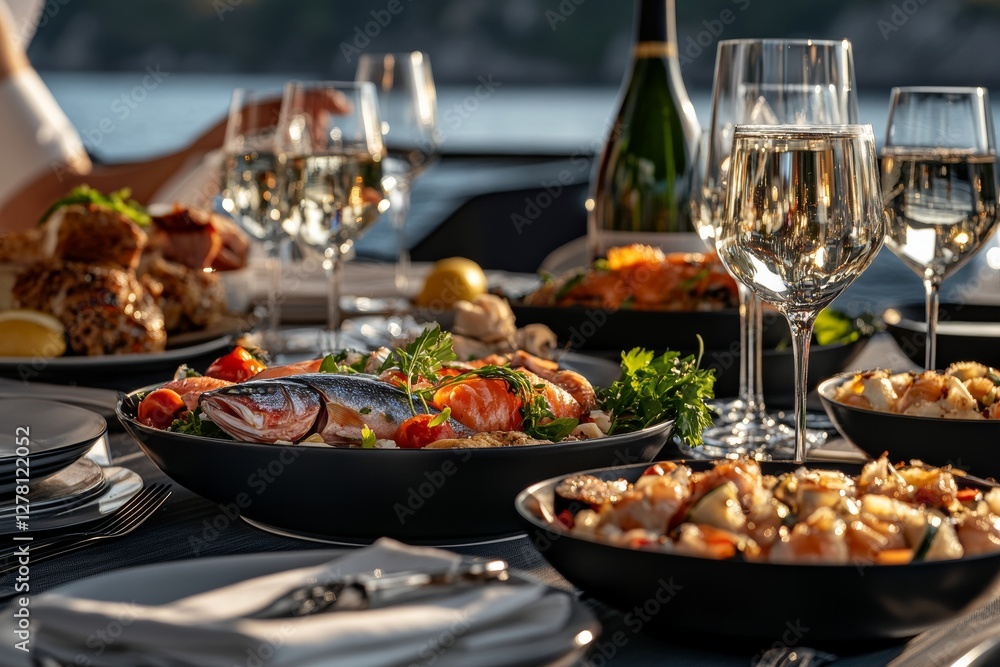 Private chef crafts exquisite seafood feast on luxury yacht deck during sunset. Generative AI Private chef crafts exquisite seafood feast on luxury yacht deck during sunset. Generative AI