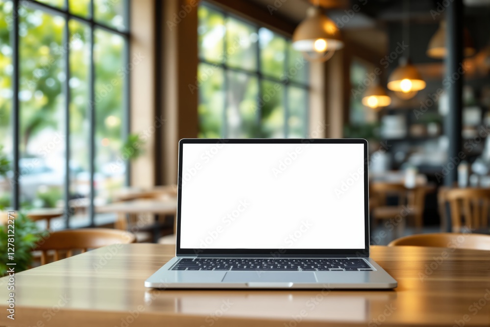 Blank laptop screen on wooden table in modern cafe. Blank laptop screen on wooden table in modern cafe.
