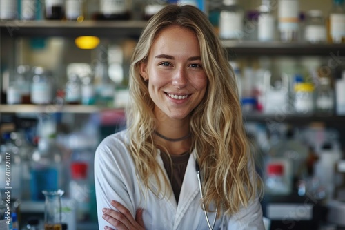 A smiling female scientist in a lab coat stands confidently in a well-equipped laboratory.