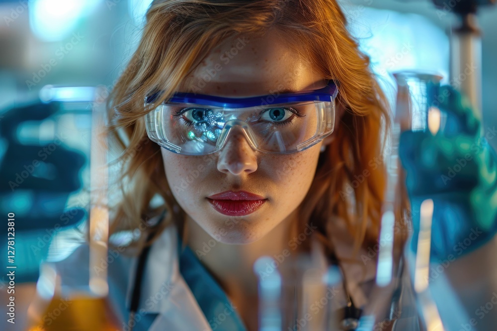 Focused female scientist in safety goggles examines liquid samples in a laboratory setting. Focused female scientist in safety goggles examines liquid samples in a laboratory setting.
