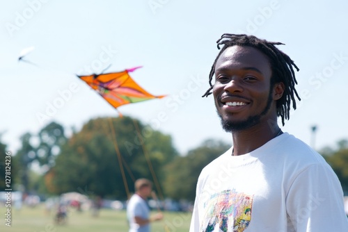 Smiling participant enjoying a sunny day at the kite festival in the park photo