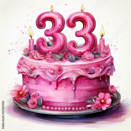 Wallpaper Mural Illustration of decorated pink cake for birthday or anniversary party. Number 33, thirty-third birthday celebration Torontodigital.ca