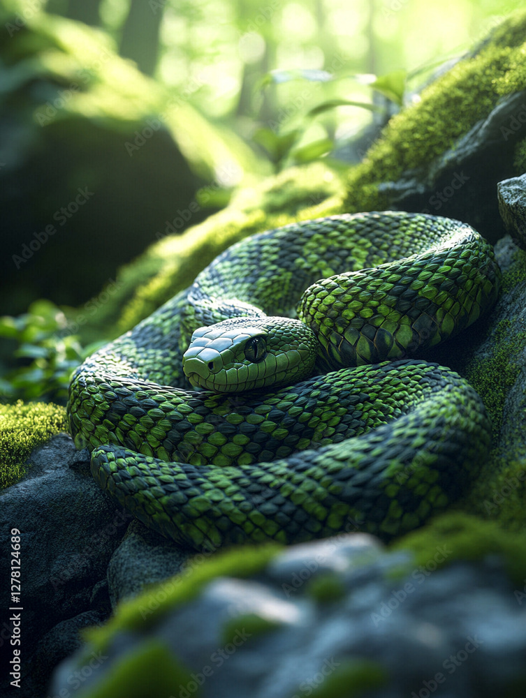 Fototapeta premium Green snake resting on mossy rocks in a forest