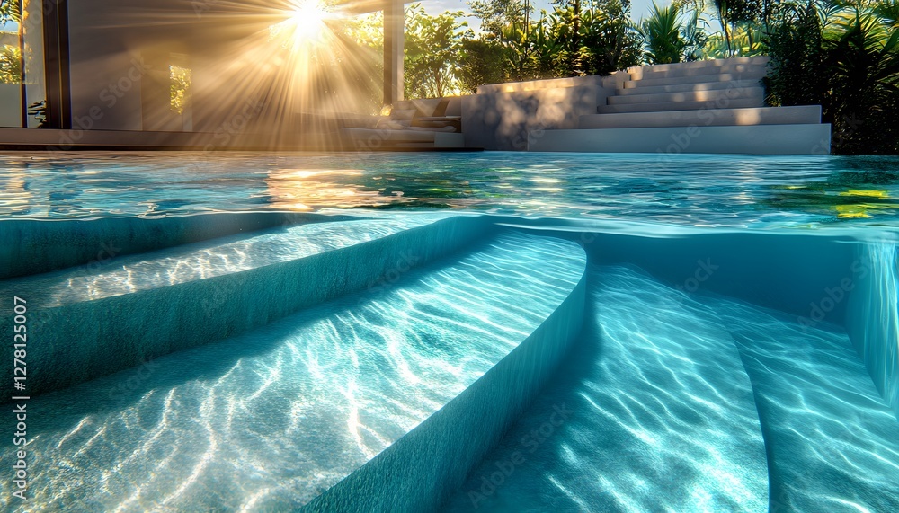 Obraz premium Underwater view of swimming pool steps on a sunny day