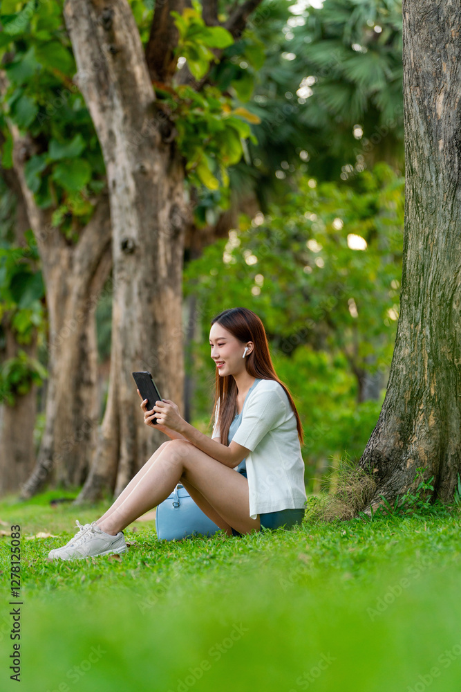 Young Asian Woman Wearing Earbuds Using Tablet While Sitting on Grass In a Park Outdoors Young Asian Woman Wearing Earbuds Using Tablet While Sitting on Grass In a Park Outdoors
