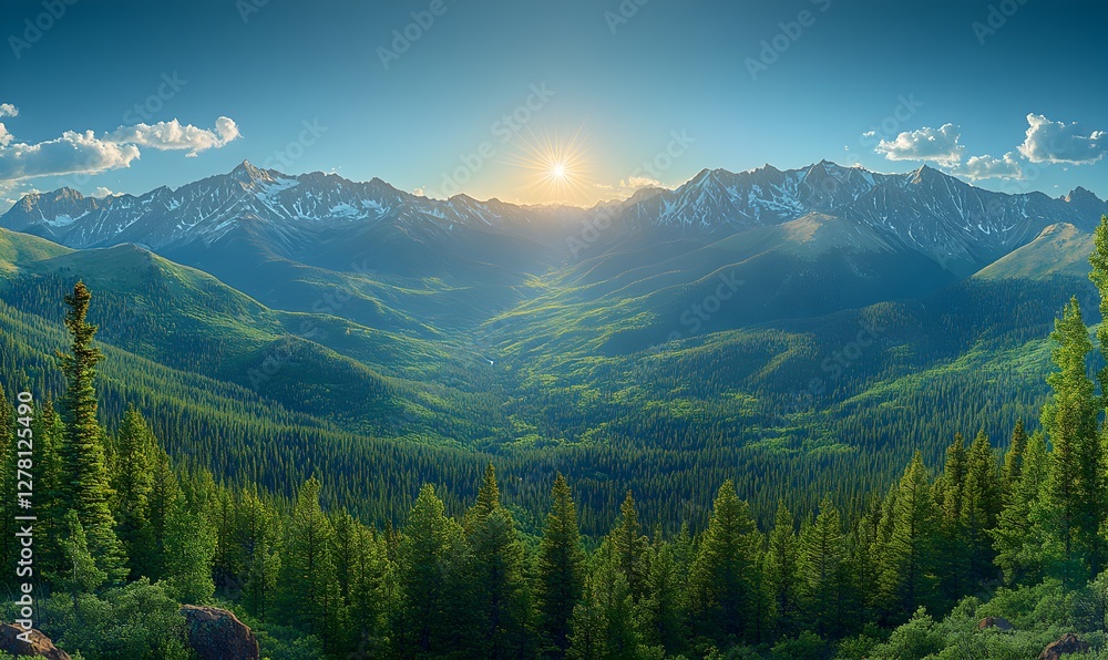 Majestic sunset over snow-capped mountains and green valley Majestic sunset over snow-capped mountains and green valley