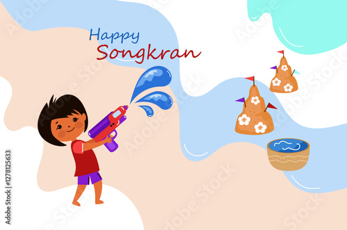 Songkran festival in Thailand. Thai New Year Holidays. Children Playing Water. Vector cartoon flat  Illustration