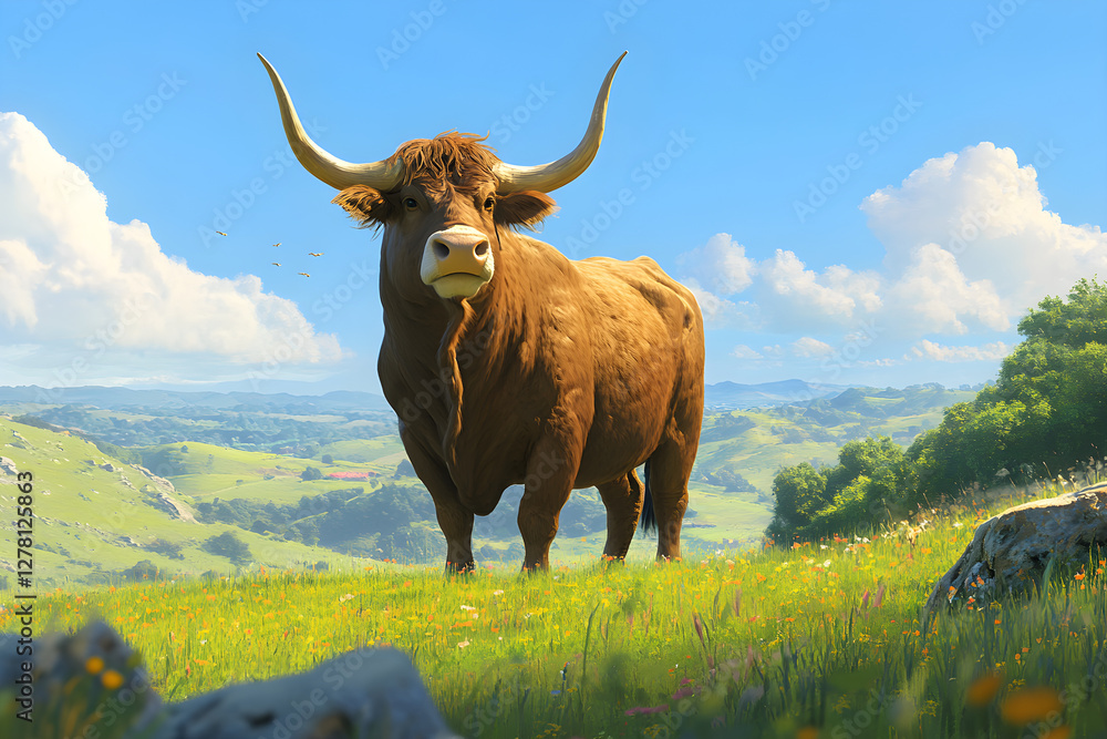 Majestic Ox Camaraderie in Lush Meadows with Serene Blue Skies Majestic Ox Camaraderie in Lush Meadows with Serene Blue Skies
