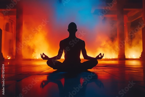 Meditator practices mindfulness in a serene temple illuminated by warm colors during twilight photo