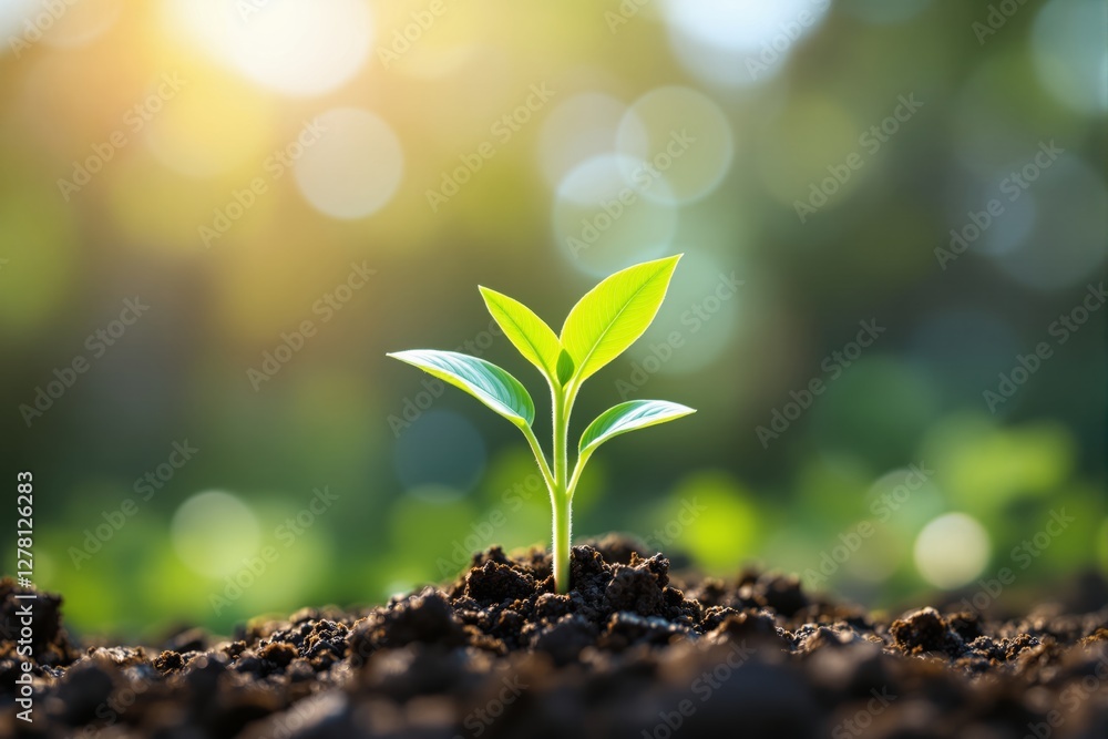 Fresh green plant sprouting in fertile soil with blurred sunny background. Fresh green plant sprouting in fertile soil with blurred sunny background.