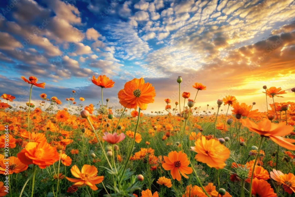 Vibrant Orange Cosmos Field at Sunset A Stunning Display of Nature's Beauty Under a Dramatic Sky Vibrant Orange Cosmos Field at Sunset A Stunning Display of Nature's Beauty Under a Dramatic Sky