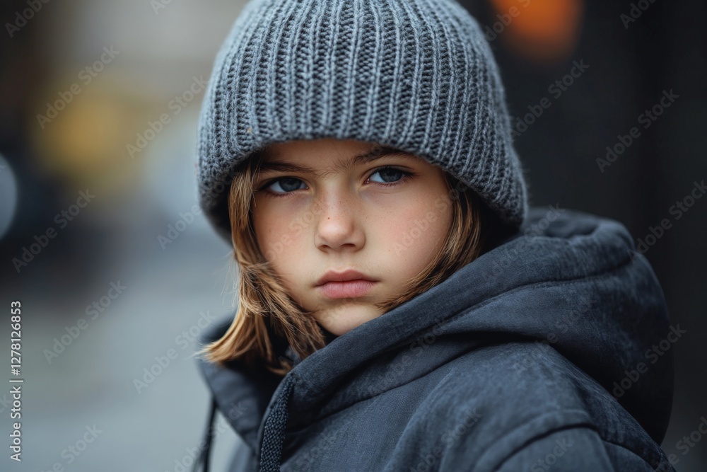 Child in a grey beanie and jacket gazes thoughtfully in an urban setting on a cool day Child in a grey beanie and jacket gazes thoughtfully in an urban setting on a cool day