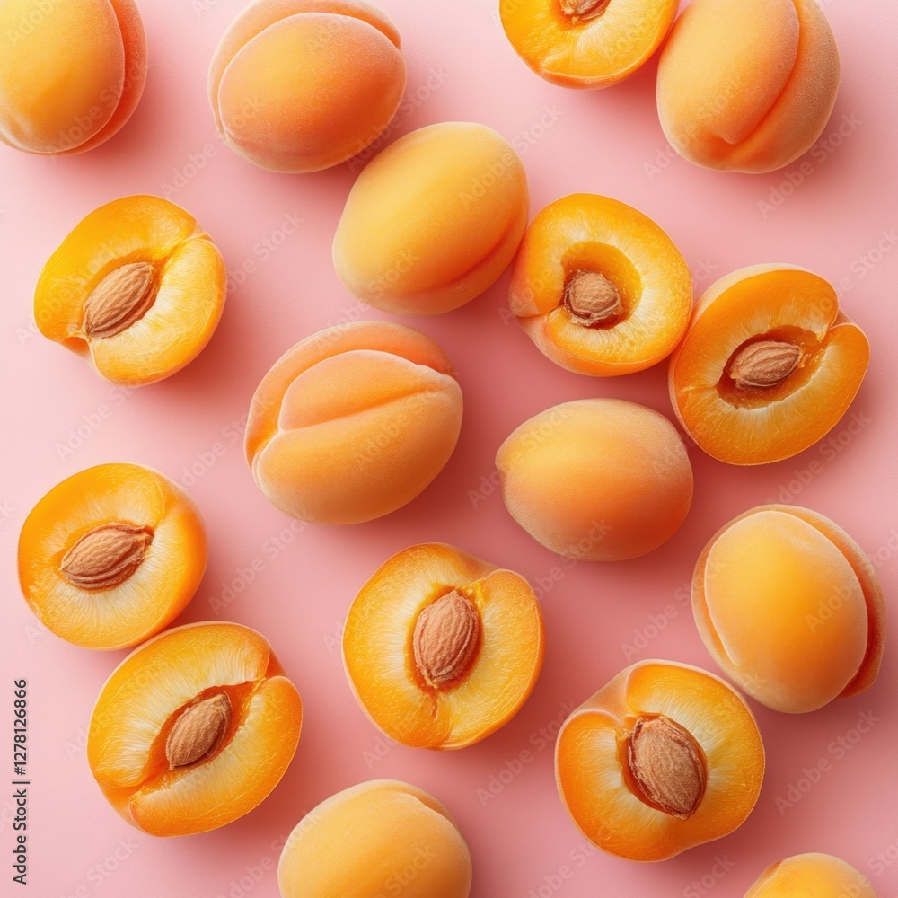 Apricot Delight on Pink A Captivating Still Life of Fresh Fruit Slices and Whole Pieces in a Bright and Airy Composition from Above Apricot Delight on Pink A Captivating Still Life of Fresh Fruit Slices and Whole Pieces in a Bright and Airy Composition from Above