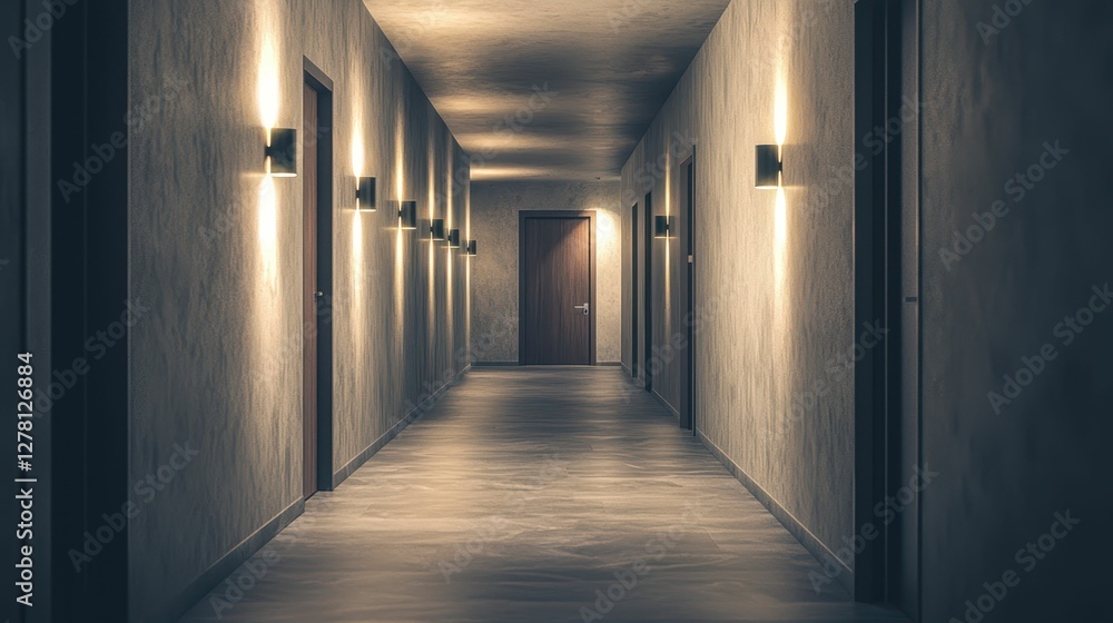 Dimly Lit Hallway with Doors and Wall Lights in Modern Design Dimly Lit Hallway with Doors and Wall Lights in Modern Design