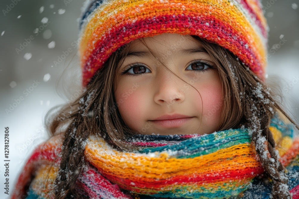 Young child enjoys snowy winter day, wearing colorful hat and scarf, surrounded by falling snowflakes in a serene landscape Young child enjoys snowy winter day, wearing colorful hat and scarf, surrounded by falling snowflakes in a serene landscape