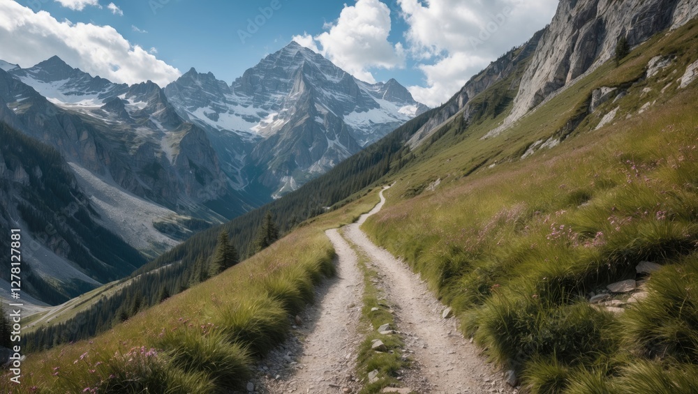 Mountain landscape with a winding dirt path through lush green grass and rocky peaks under a partly cloudy sky Mountain landscape with a winding dirt path through lush green grass and rocky peaks under a partly cloudy sky