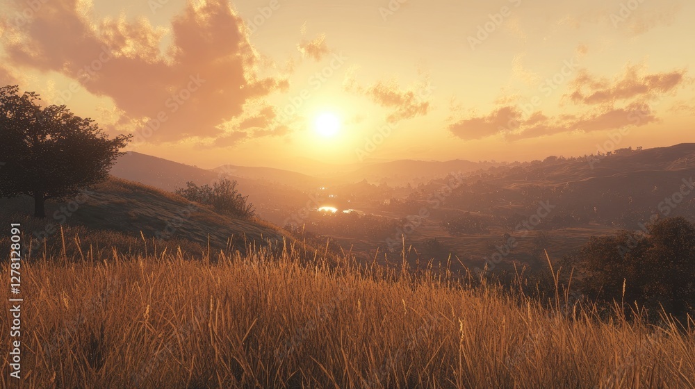 A sunrise over the savannah, casting golden light on tall, dry grass and rolling hills in the distance. A sunrise over the savannah, casting golden light on tall, dry grass and rolling hills in the distance.