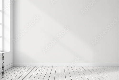 Minimalistic interior with white wooden floor and a blank wall beside a window.