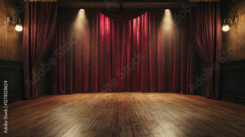 Elegant Stage with Red Drapes and Wooden Floor in Dramatic Lighting