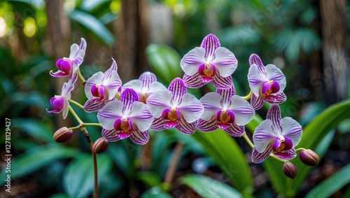 Purple and white striped orchid flowers in a lush green garden background with blurred foliage