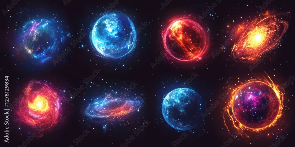 a vibrant collage showcasing a variety of colorful nebula and galaxies in space a vibrant collage showcasing a variety of colorful nebula and galaxies in space