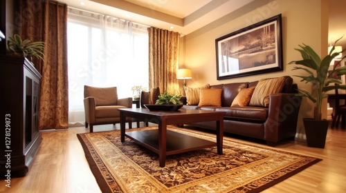 A warm-toned living room with patterned curtains in shades of brown and gold  adding character to the space.