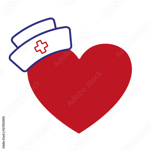Red heart with nurse hat icon. Medical care and appreciation symbol for National Nurses Week, healthcare, and hospital themes