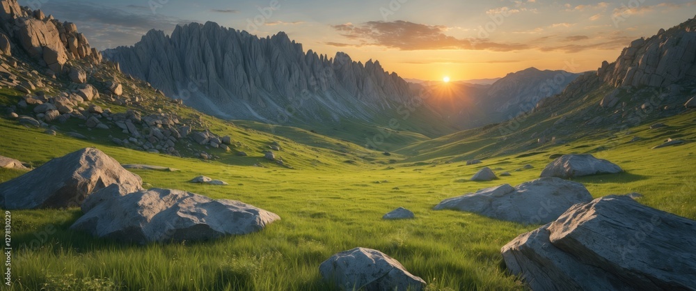 Fototapeta premium Mountain landscape during sunset with rocky foreground and lush green valley under a colorful sky