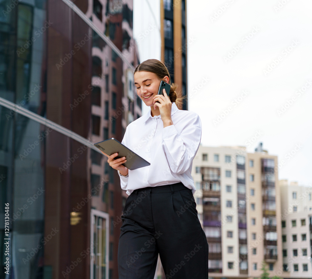 Fototapeta premium Young professional woman engaged in a phone call while using a tablet in an urban setting