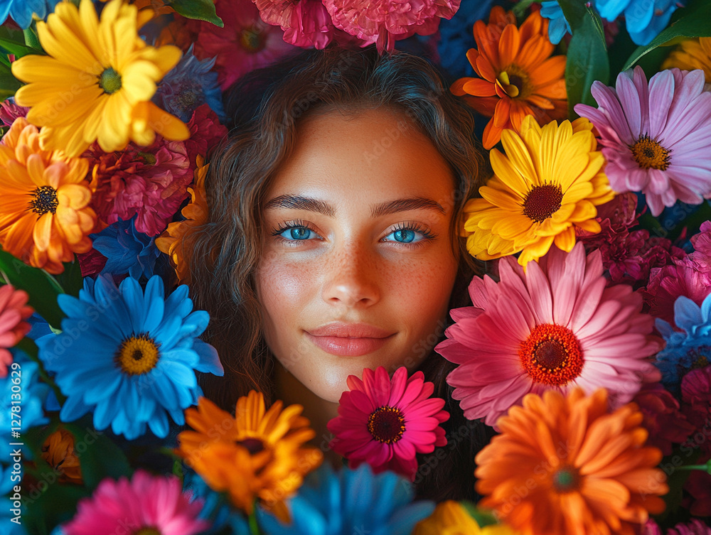 Bright floral portrait of a young woman with blue eyes
