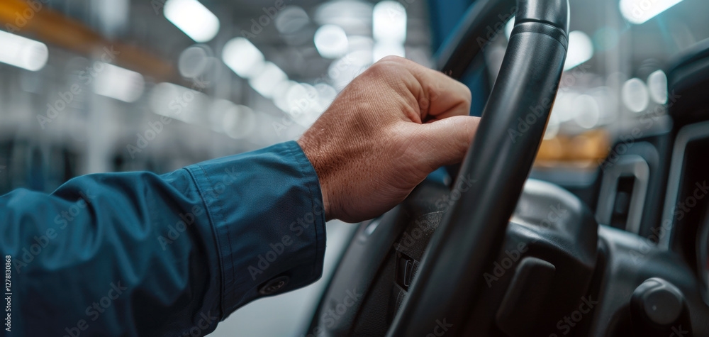 Hand gripping a steering wheel in a blurred interior setting. Hand gripping a steering wheel in a blurred interior setting.