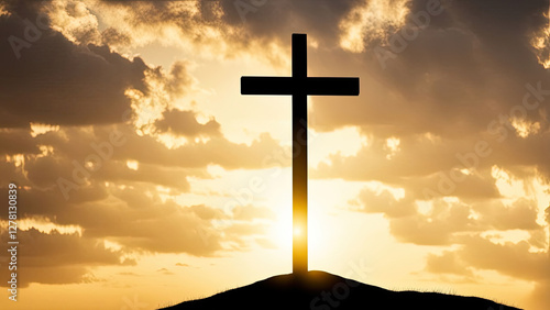 A wooden cross stands on a hill, illuminated by a golden sunset, symbolizing faith, hope, and spiritual reflection against a scenic landscape of rolling hills and dramatic clouds.